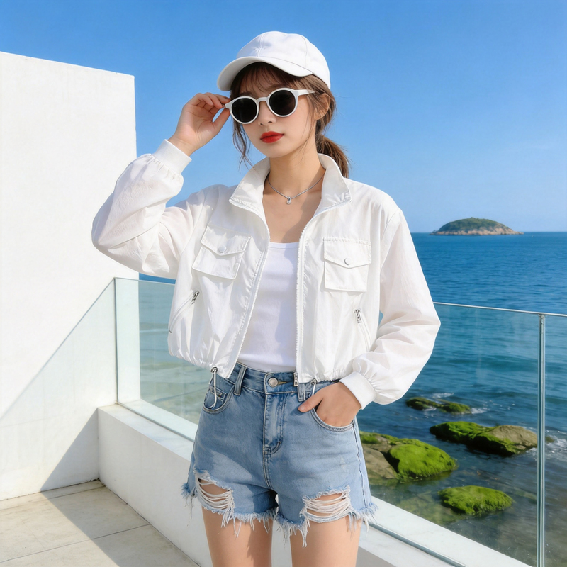 2026 Summer New Style White Stand-Up Collar Drawstring Sun Protection Top Loose Short Casual Stylish Windbreaker Cardigan Jacket