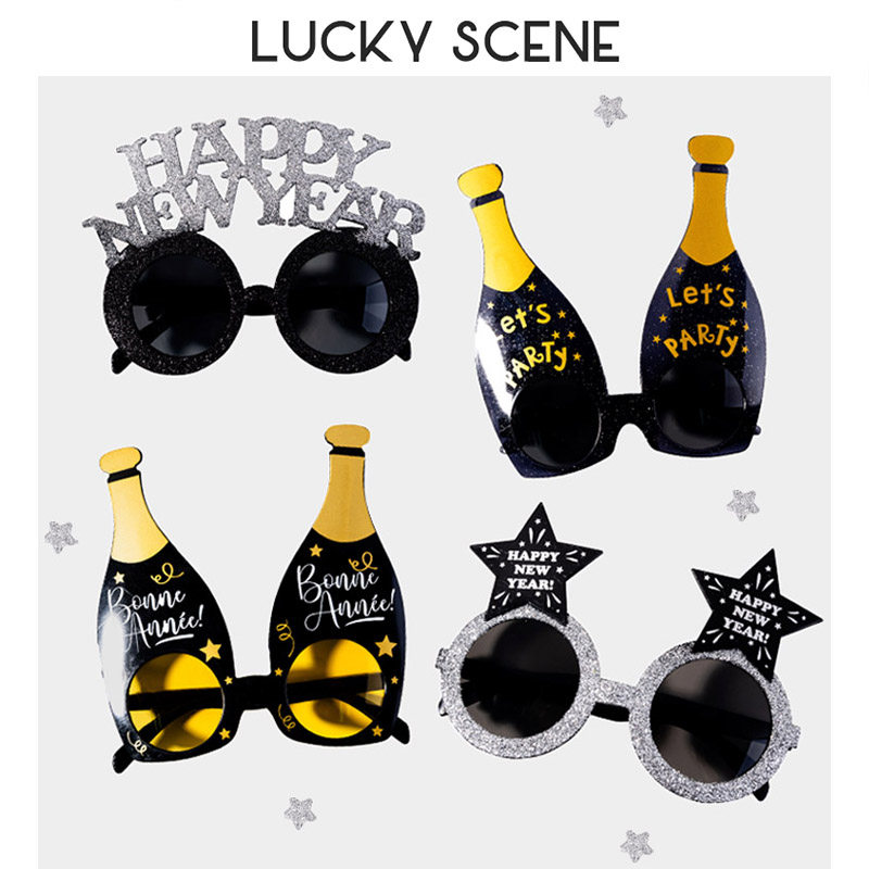 2023 New Year party 2023 - fun New Year's Happy New Year letter funny decorated glasses gold hoops