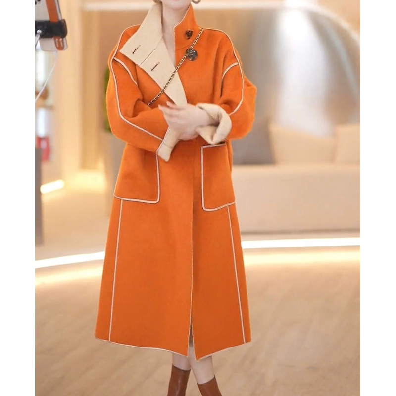 2026 Autumn New Fashion Slimming Straight-Leg Pants with Contrast Color Orange Mid-Length Turn-Down Collar Woolen Coat for Women