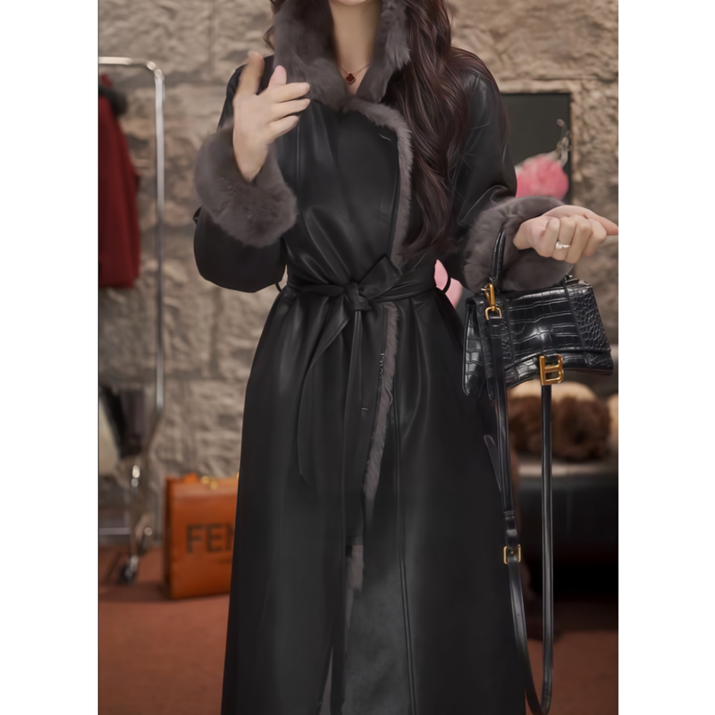 2026 Autumn New Korean Style Niche Simple and Stylish Solid Color Long Leather Coat with Fur Collar and Tie-Waist for Women