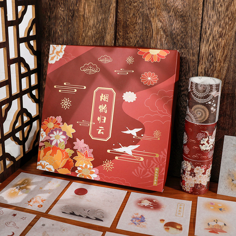 100 pieces of ancient style stickers set gift box crane and paper hand account tool material hand account stickers spree