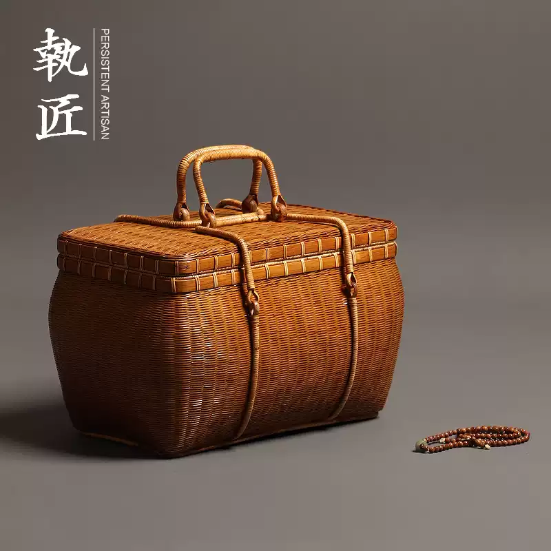 精品竹編茶箱竹包茶籠茶具提藤箱收納箱提盒可攜式提拿旅行出行戶外-淘