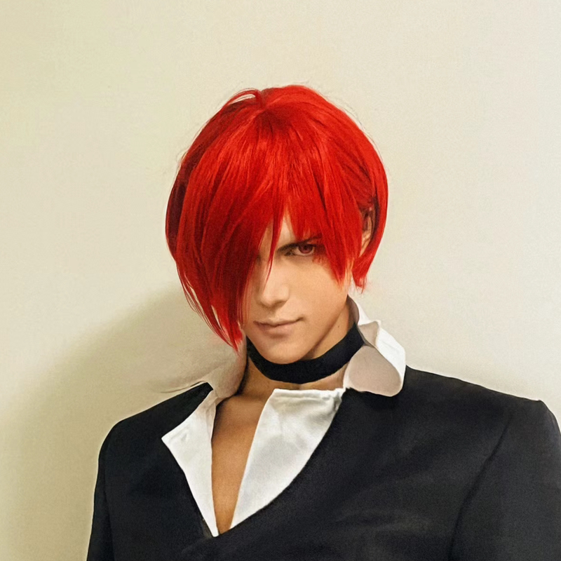 King of Fighters Yashima Anbu Cosplay Wine Red 30cm Men's Short Hair Easy to Wear Comfortable Breathable Blank Full Head Wig for Photography