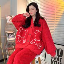 Pajamas womens autumn and winter thickened coral fleece 2022 new vibrato live broadcast bright red warm suit home service
