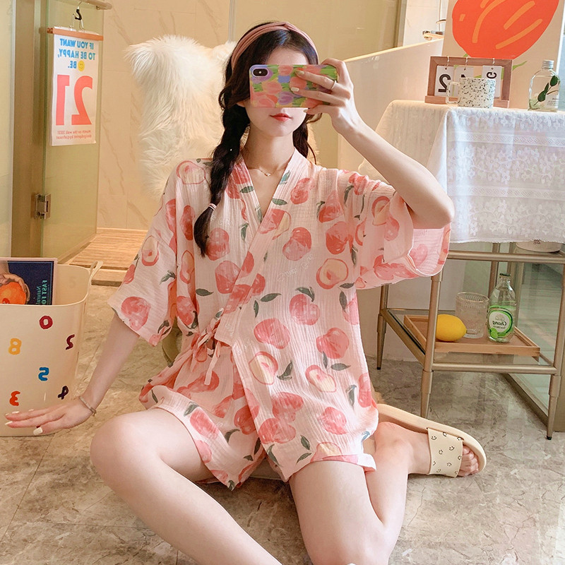 Pajamas women's summer pure cotton summer short-sleeved Japanese kimono 2021 large size cute thin two-piece suit home service