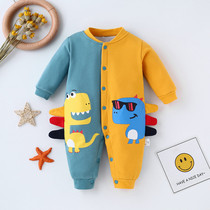2021 autumn and winter newborn baby jumpsuit plus fleece thick Mandarin duck ha clothes super cute cute baby warm crawling suit