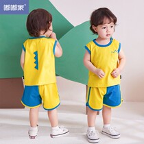 2022 color block set summer male and female baby slacks single tooth tank top Mandarin duck pants shorts 2-piece set