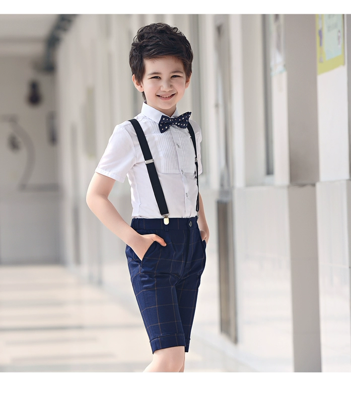 Trẻ em của hoa cô gái ăn mặc sàn catwalk máy chủ boy hiệu suất đàn piano điệp khúc bib boy hiển thị phù hợp với mùa hè