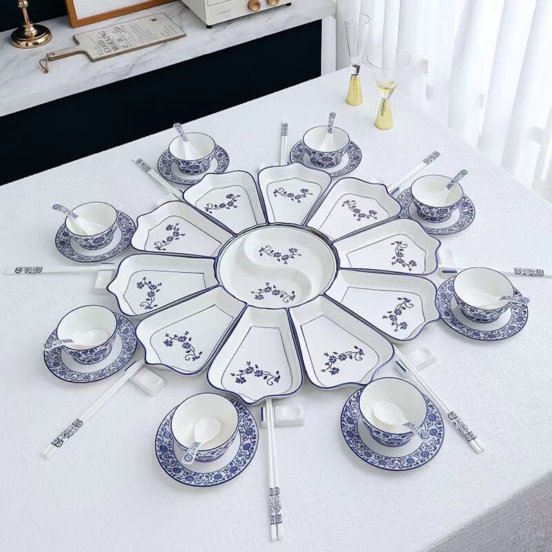 Platter Combination Tableware Set for Home Gatherings and Hotel Use, Ceramic Large Platter for Arranging Dishes and Meat, High Temperature Resistant, Chinese Blue and White Style Platter Combination Tableware Set for Home Gatherings and Hotel Use, Ceramic Large Platter for Arranging Dishes and Meat, High Temperature Resistant, Chinese Blue and White Style