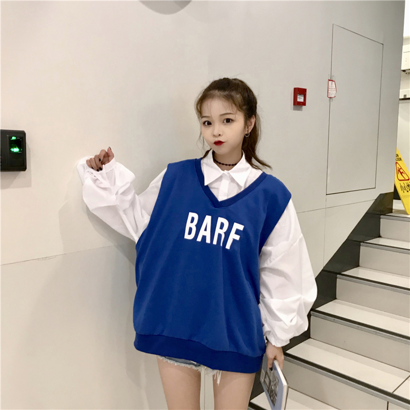 Chic2018 mới áo len đầu thu mới hai mảnh nữ lười gió trắng học sinh + áo cổ chữ V áo gió nữ
