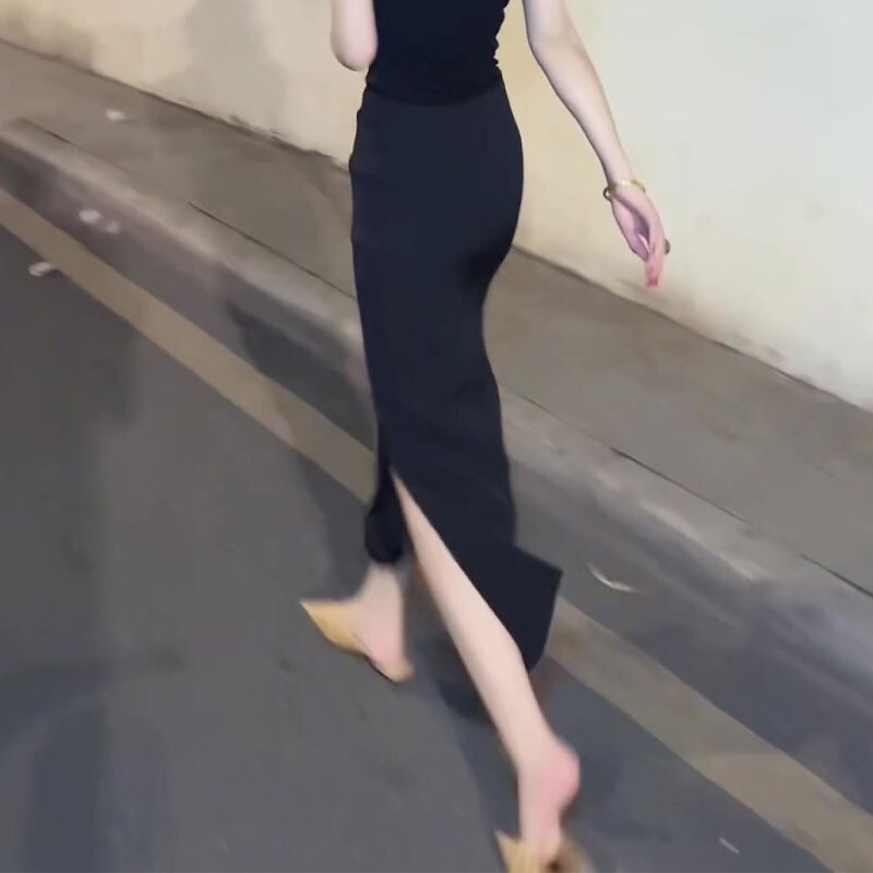 Black Suit Side-Slit Midi Skirt for Women, 2026 Summer New Style, Elegant, Professional, Intellectual, Commuting, Bodycon Long Skirt