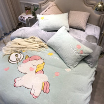 Girl heart autumn and winter lamb velvet four-piece cartoon embroidery quilt cover coral velvet flannel sheets bedding