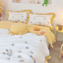 ins girl heart lotus leaf lace embroidery wash cotton bed four-piece princess style cotton cotton quilt cover sheets