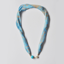 Summer new mulberry silk scarf necklace silk scarf small accessories fresh blue ink pearl pendant
