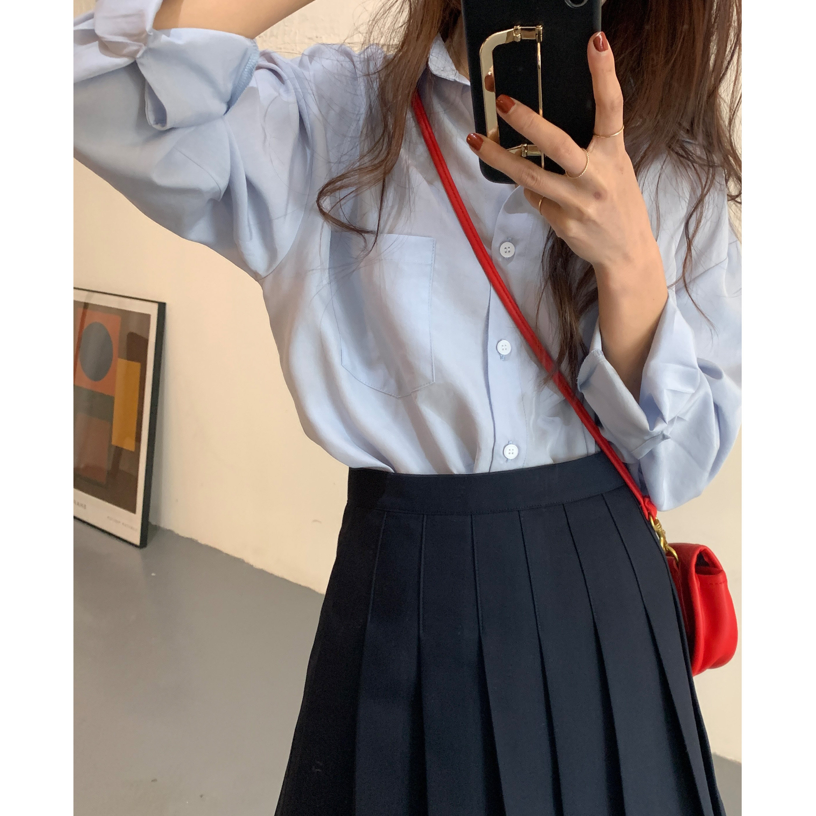 Teenage Girl Blue Autumn Home Homemade Gentle Blue 100 Hitch A Gentle Texture Shirt Long-sleeved Woman 2021 Chun