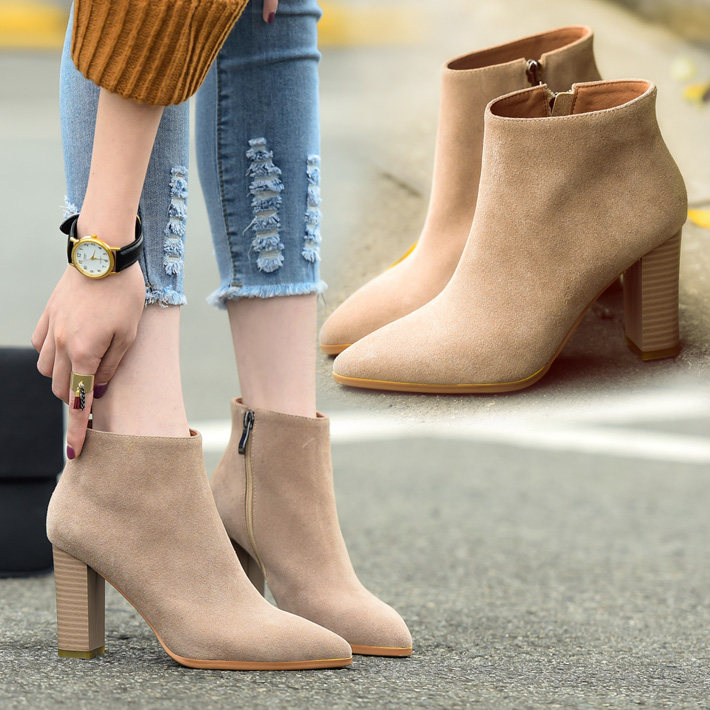 磨砂真皮裸色粗跟短靴尖頭裸靴高跟馬丁靴杏色秋冬高跟鞋加絨女靴