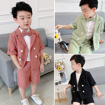 Boys summer short-sleeved suit set flower girl costume childrens solid color suit Korean version of parent-child dress gentleman dress