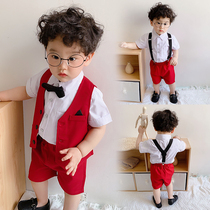 Flower boy dress suit summer baby dress childrens back belt pants grab Zhou suit British style small suit tide
