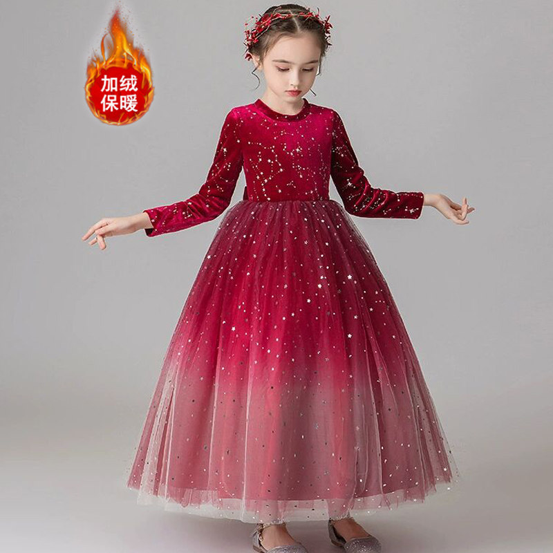 Dress girls New Year's dress winter and autumn ten-year-old girl birthday princess dress red show dress plus velvet costume