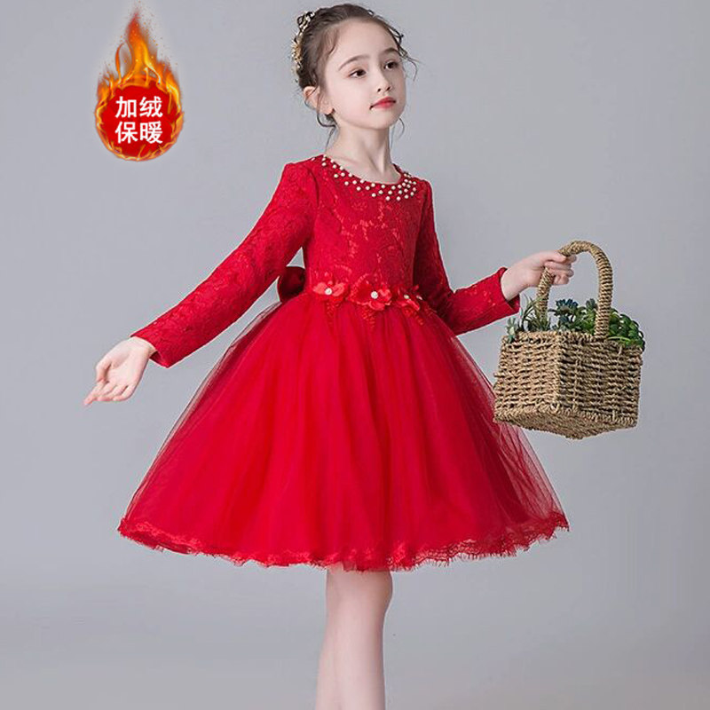 Children's red princess dress plus velvet birthday dress girls dance chorus performance children's New Year's Day performance costume