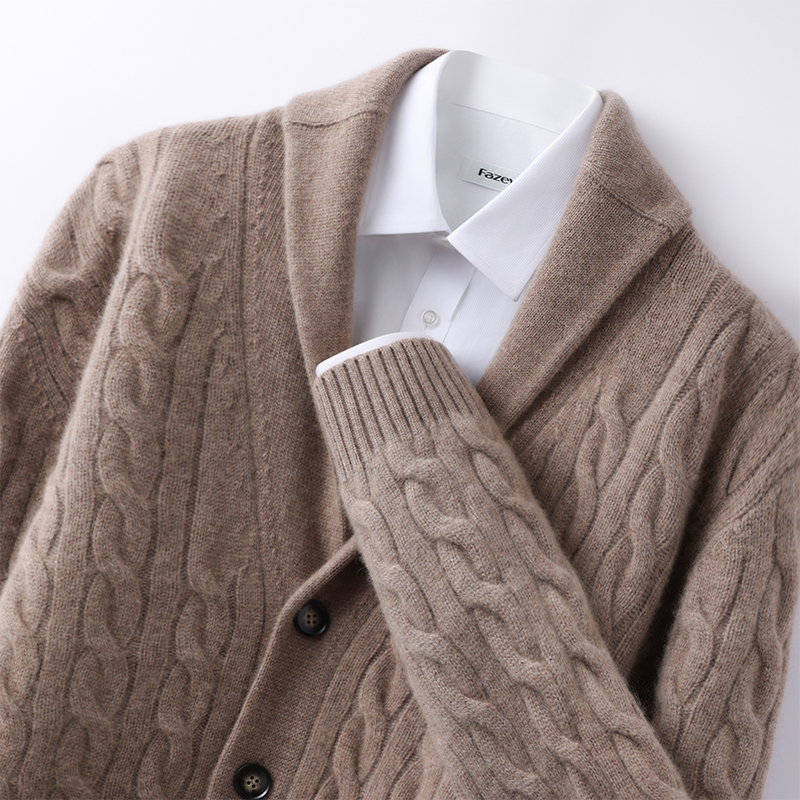 Autumn and Winter Heavy Thickened New Style Green Collar Cashmere Cardigan Men's Wool Knit Sweater Twisted Pattern Loose Coat