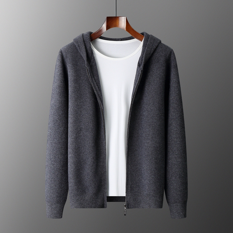 New Autumn and Winter Pure Cashmere Cardigan Hooded Zipper Men's Knitted Jacket Thickened Sweater Casual Hooded Top