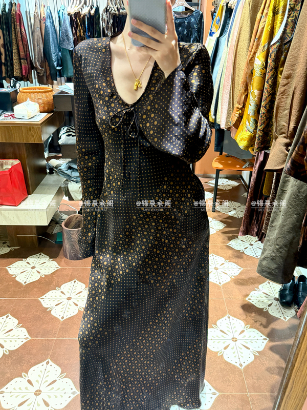 Vintage Polka Dot Xiangyun Silk Long Dress for Women V-Neck Waist Tie Bell Sleeves Intellectual Style New Chinese Style Dress