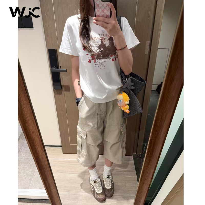 American Retro Khaki Multi-Pocket Cropped Pants for Women, Summer 2026 New Style, Loose Wide-Leg Casual Work Shorts