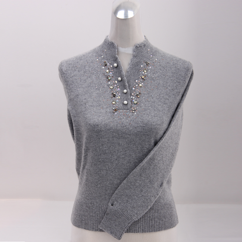 New Autumn and Winter Cashmere Sweater for Women from Ordos City, V-Neck, Diamond-Embellished, Slim Fit, Versatile, Plus-Size Knitwear