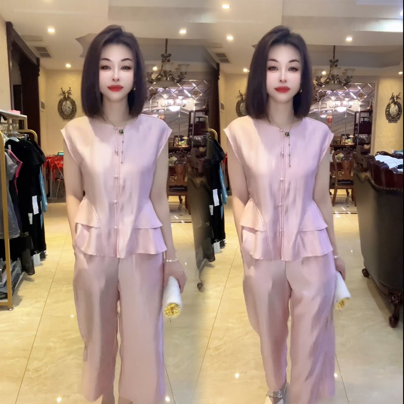 French Commuter Style Sleeveless Ruffled Top and High-Waisted Pants Set for Women, Summer Slimming Fashion Versatile Two-Piece Set