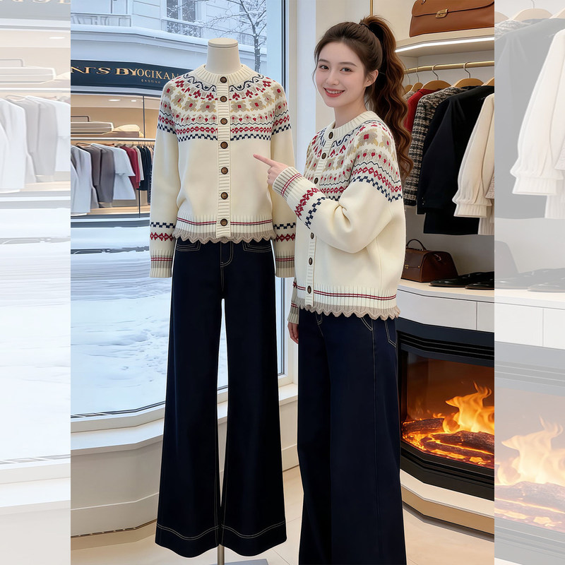 Fair Isle Retro Jacquard Knitted Cardigan for Women, New Autumn and Winter Round Neck Sweater Jacket, Loose and Slimming Early Autumn Top