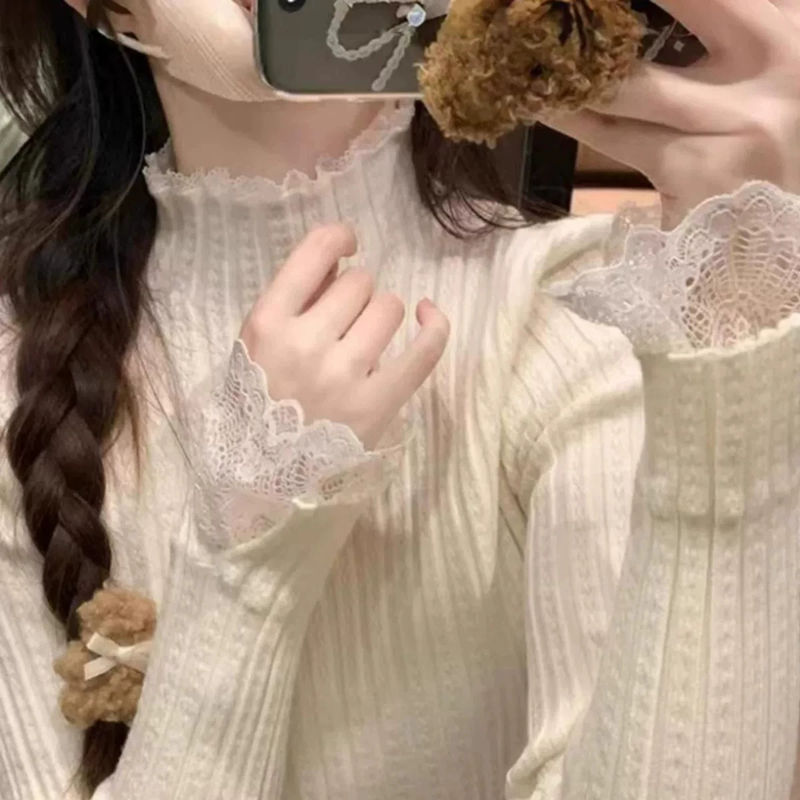 Lace-Trimmed Knit Sweater for Women, Autumn and Winter 2026 New Style, Chanel-Inspired Layering Half-Turtleneck Base Top