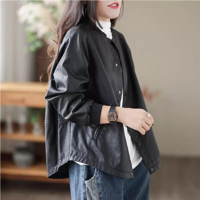 Loose Sheepskin Buckle Genuine Leather Jacket for Women, 2026 Spring and Autumn New Versatile Slimming Black Short Coat Jacket