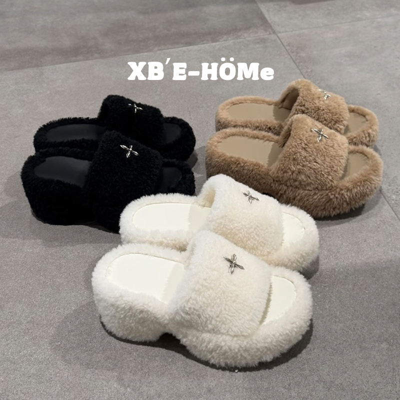 Ultra-High Thick-Soled 9Cm~Cross-Patterned Spicy Girl Style Furry Shoes for Women, 2026 Autumn and Winter New Fashion Outdoor Slip-On Slippers
