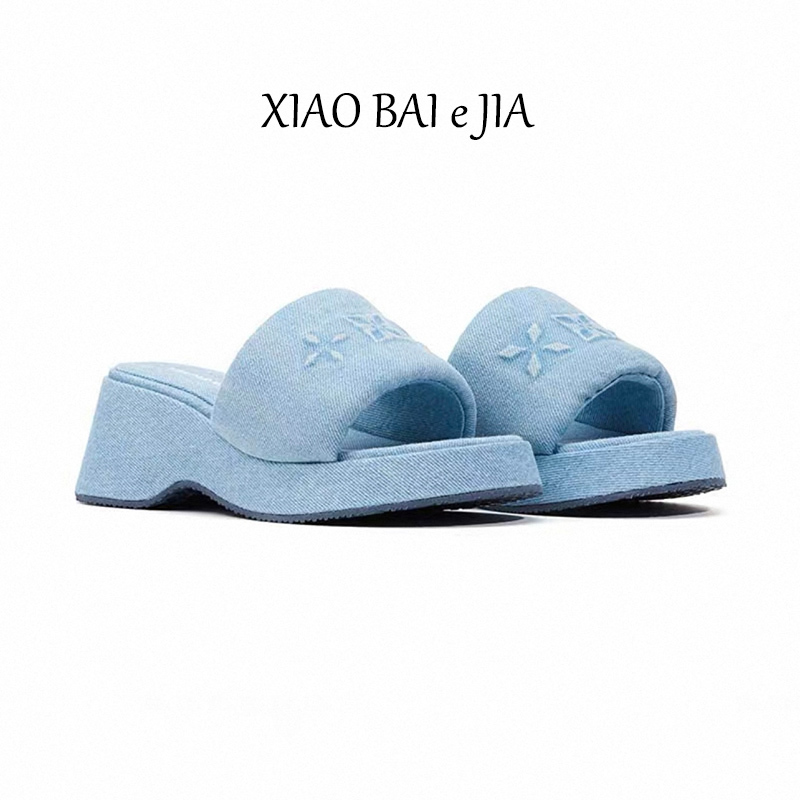 Qi Yandi Style~ Washed Denim Cross-Pattern Slippers for Women 2026 New Model Height-Increasing Thick-Soled Casual Open-Toe Sandals