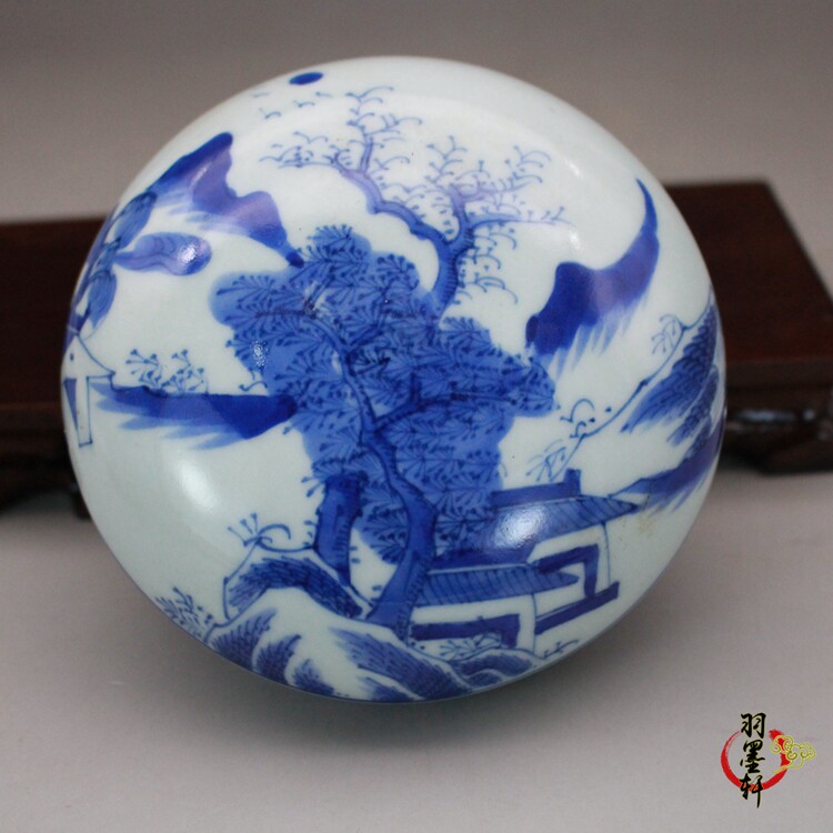 清康熙青花手绘山水印盒印泥盒古玩古董陶瓷器仿古老货收藏摆件-淘宝