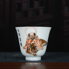 чашка 精品墨彩手绘伏虎罗汉茶杯主人杯 古玩古董陶瓷器仿古茶具收藏品