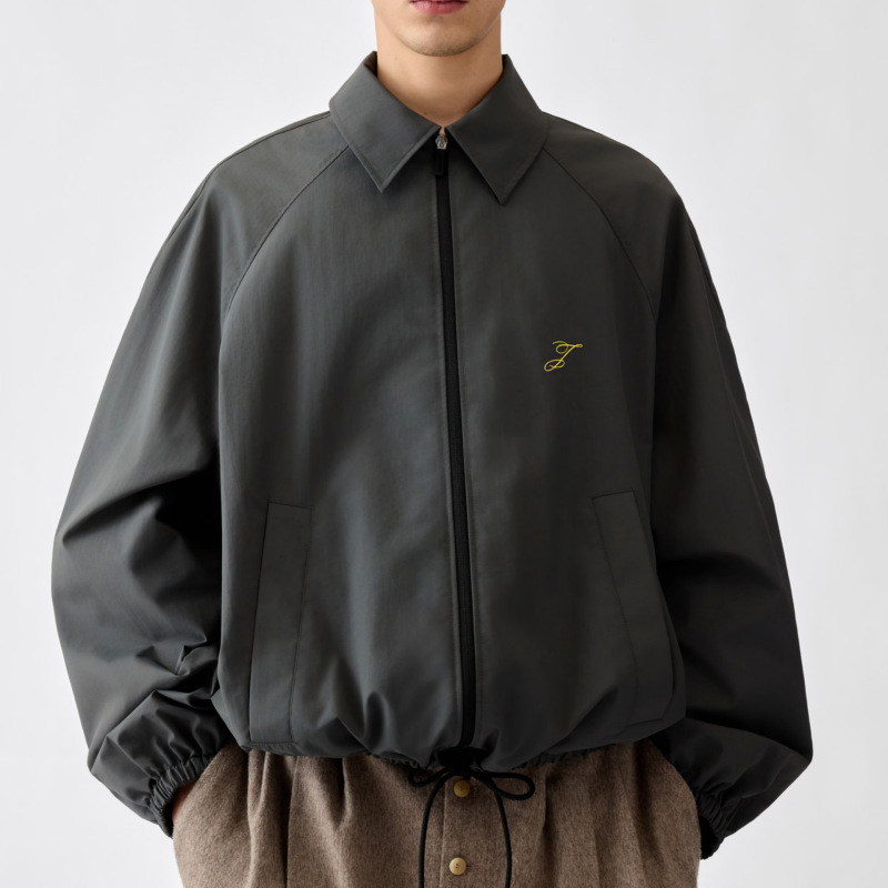 Jacquemus 26Th Autumn New Collection Dark Gray Lapel Short Jacket with Gold Handwritten Embroidery and Drawstring Hem Coat