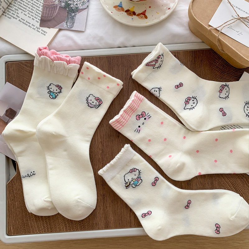 Lace Hello Kitty Socks for Women, Mid-Calf Socks, Kt Cat Pure Cotton Long Socks for Girls, Trendy Spring and Summer Style, Cute