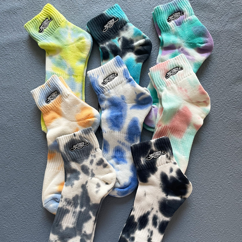 Tie-Dye Socks Men's Mid-Calf Socks Spring and Autumn Style Pure Cotton Embroidered Colorful Short Socks Street Style Personalized Towel Bottom Trendy Socks Women
