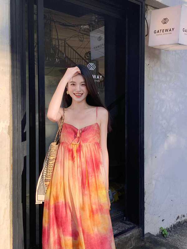 Daydayup Elegant Gradient Loose-Fitting Spaghetti Strap Dress for Women, Summer Travel to Sanya, Photo Shoot, Seaside Vacation, Beach Dress