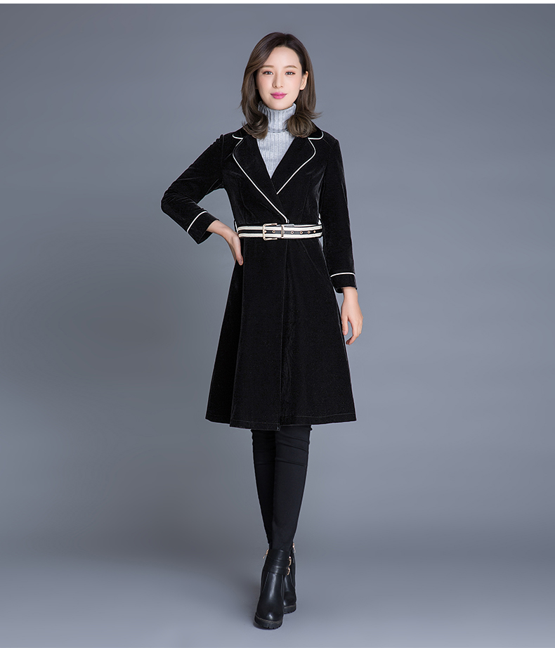 Yi Lang Xuan mùa thu mới của phụ nữ nhung vàng áo gió áo khoác nữ dài khí chất eo váy giảm béo áo khoác gió nữ