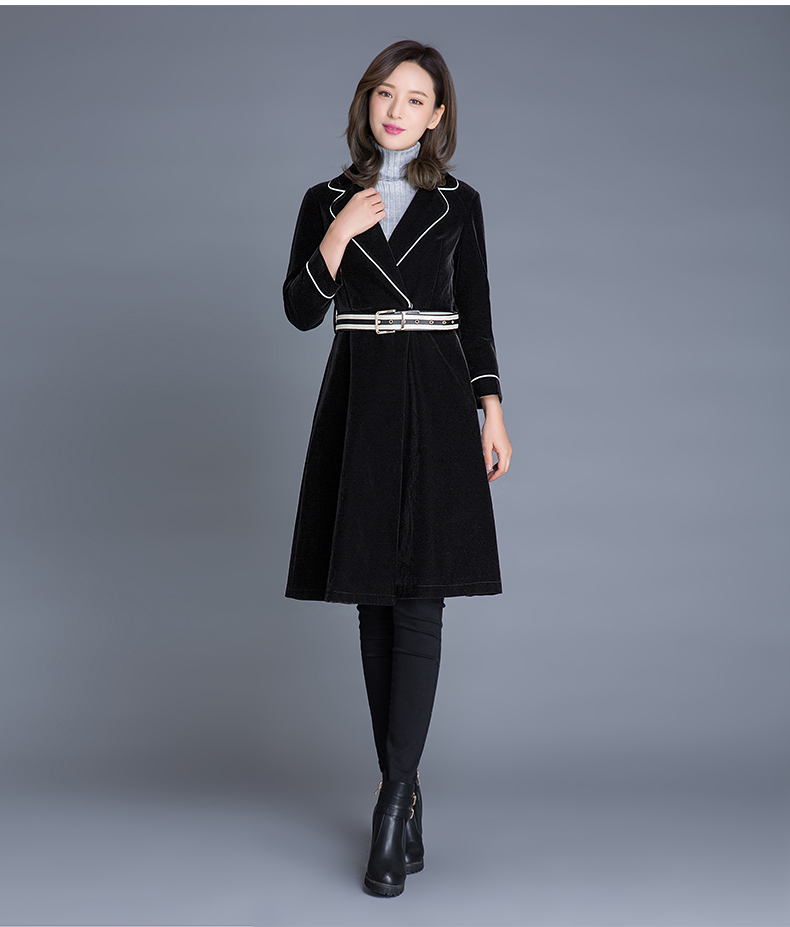 Yi Lang Xuan mùa thu mới của phụ nữ nhung vàng áo gió áo khoác nữ dài khí chất eo váy giảm béo áo khoác gió nữ