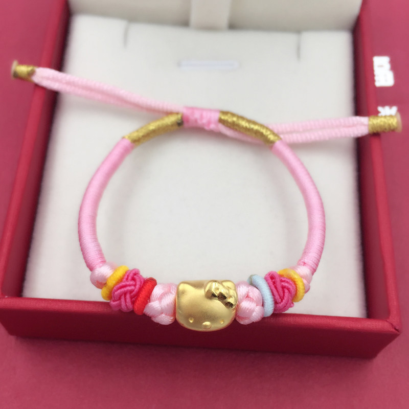 3D hard gold love KT cat head bracelet 999 gold transfer beads red rope custom woven hand chisel female gift
