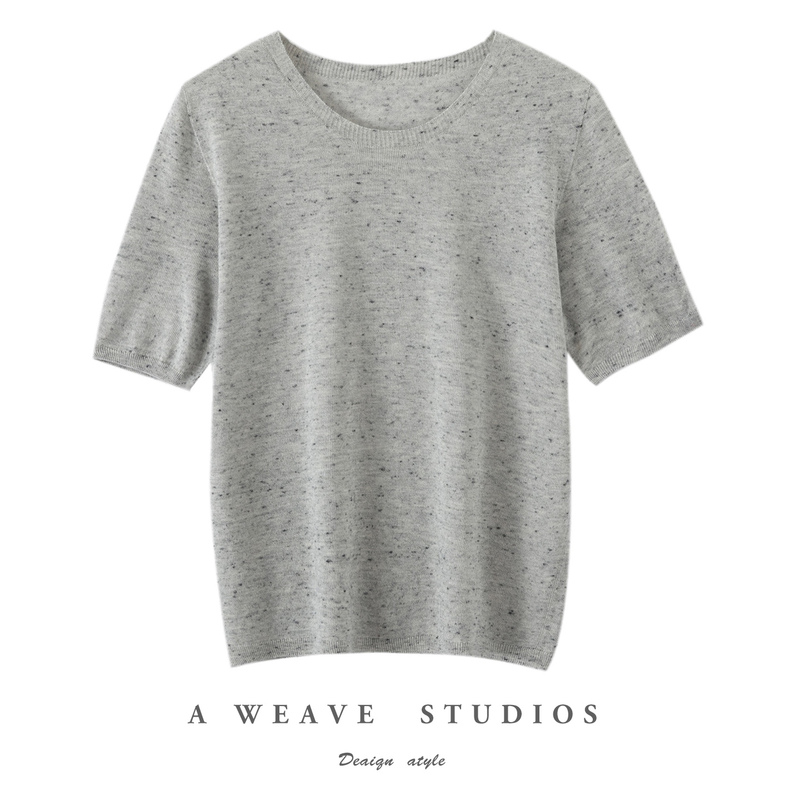 Linen with Mulberry Silk Yarn Candy-Colored Simple Seamless Summer Round Neck Short-Sleeved Knit Top for Women Linen with Mulberry Silk Yarn Candy-Colored Simple Seamless Summer Round Neck Short-Sleeved Knit Top for Women