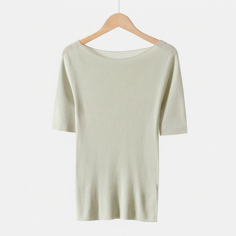 16-Gauge Seamless, Cool and Refreshing Mulberry Silk Lyocell Seamless One-Piece Five-Quarter Sleeve Commuter Pullover Knit Top 16-Gauge Seamless, Cool and Refreshing Mulberry Silk Lyocell Seamless One-Piece Five-Quarter Sleeve Commuter Pullover Knit Top