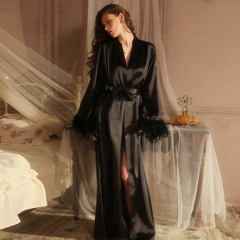 Sexy Nightgown Women's Bathrobe Silk Feather Long Pure Desire Palace Style Black Bride Wedding Bridesmaid Best Friend Dressing Gown Sexy Nightgown Women's Bathrobe Silk Feather Long Pure Desire Palace Style Black Bride Wedding Bridesmaid Best Friend Dressing Gown