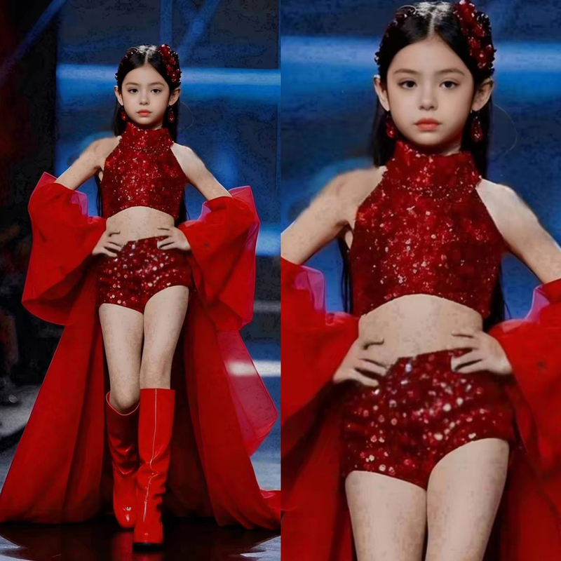 Girls' Model Runway Fashion Pants with Sequins, Trending Theme Dress, Pk Racing Model Competition, Fashionable Children's Model