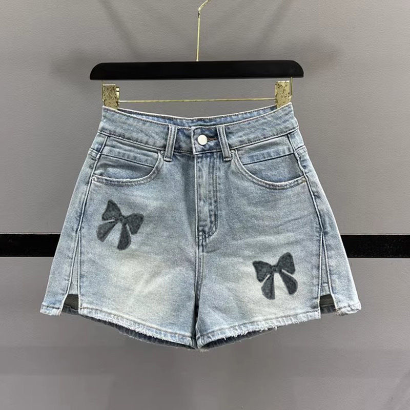 150kg Extra Large Size Denim Shorts with High Waist, A-Line Design, Slit Design, Summer Shorts with Embroidered Patterns, Unique and Trendy