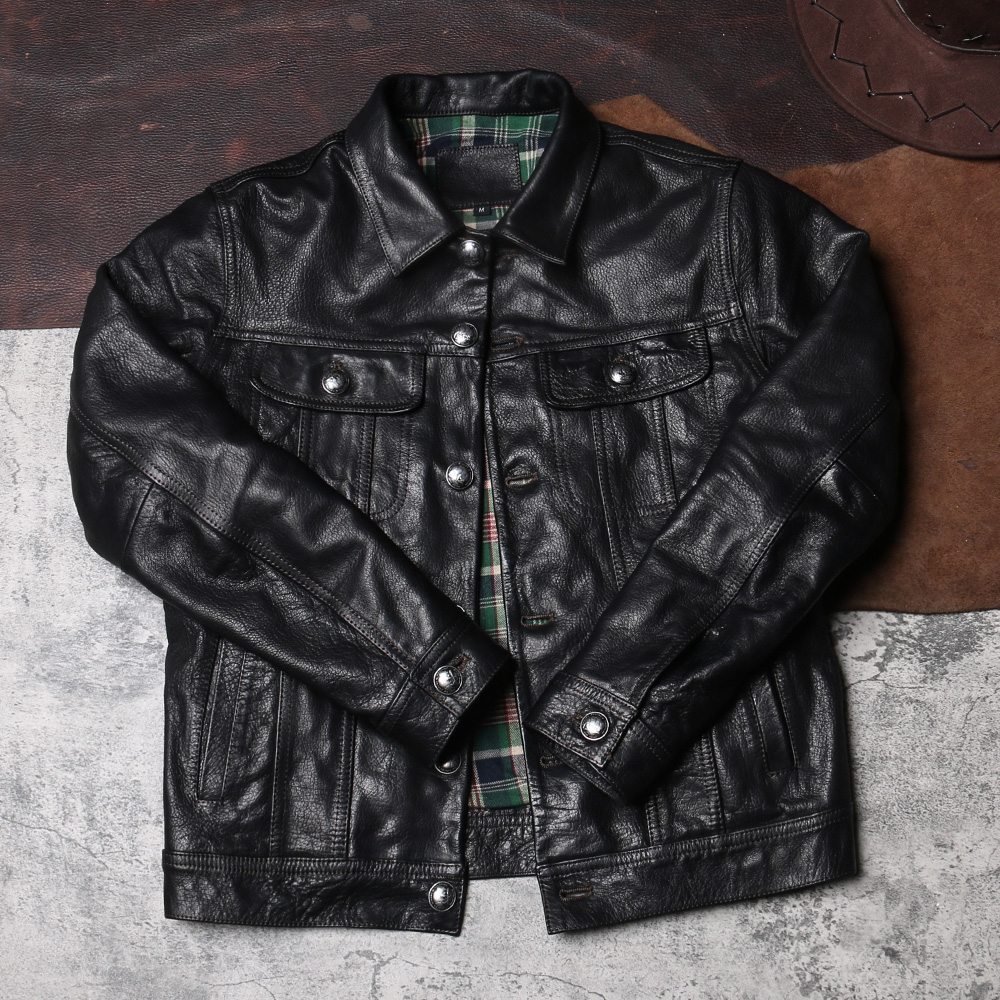 Storm knight frock leather jacket men's lapel slim leather jacket Batik goat shrink denim leather jacket